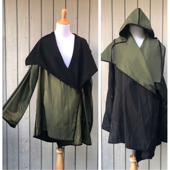 Jackets & Blazers - Reversible Black Olive Green Hooded Cape Poncho Windbreaker Jacket One size